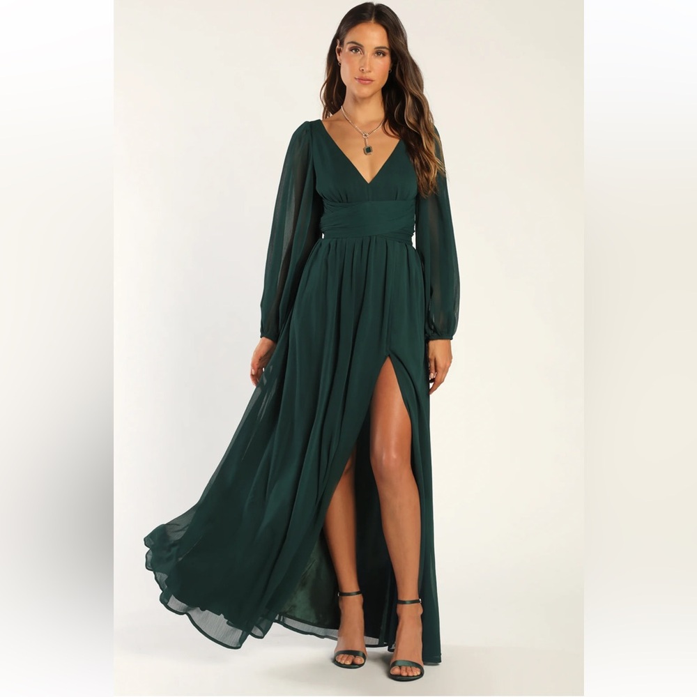 Enchant My Love Emerald Green V-Neck Long Sleeve Maxi Dress
